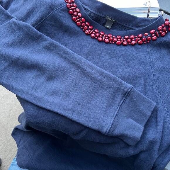J. Crew women's size M crewneck sweatshirt, navy with red beadwork around neck. - Picture 3 of 4